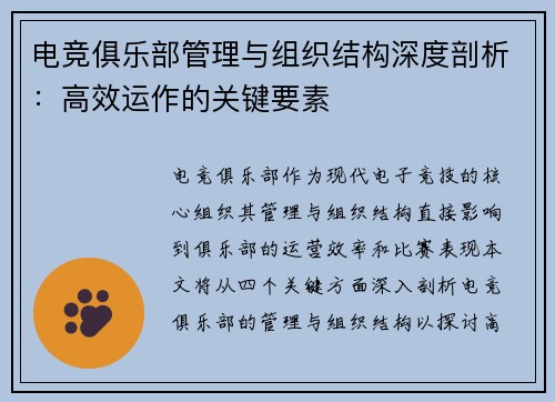 电竞俱乐部管理与组织结构深度剖析：高效运作的关键要素