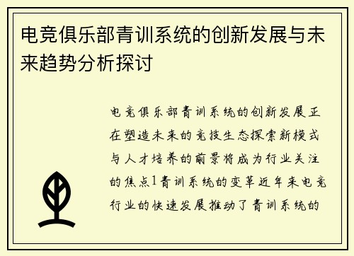 电竞俱乐部青训系统的创新发展与未来趋势分析探讨